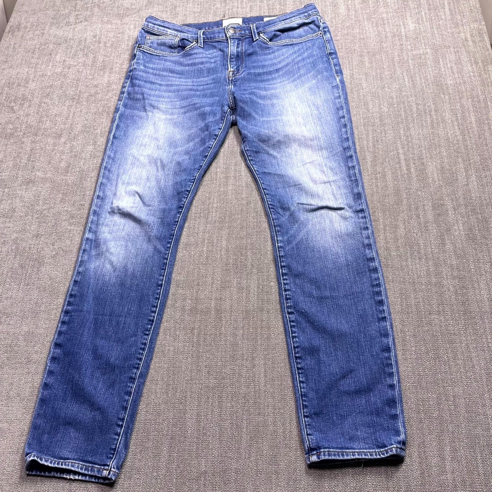 FRAME L'Homme Skinny Fit Jeans Mens 34 Blue Whiskering Denim Medium Wash Casual
